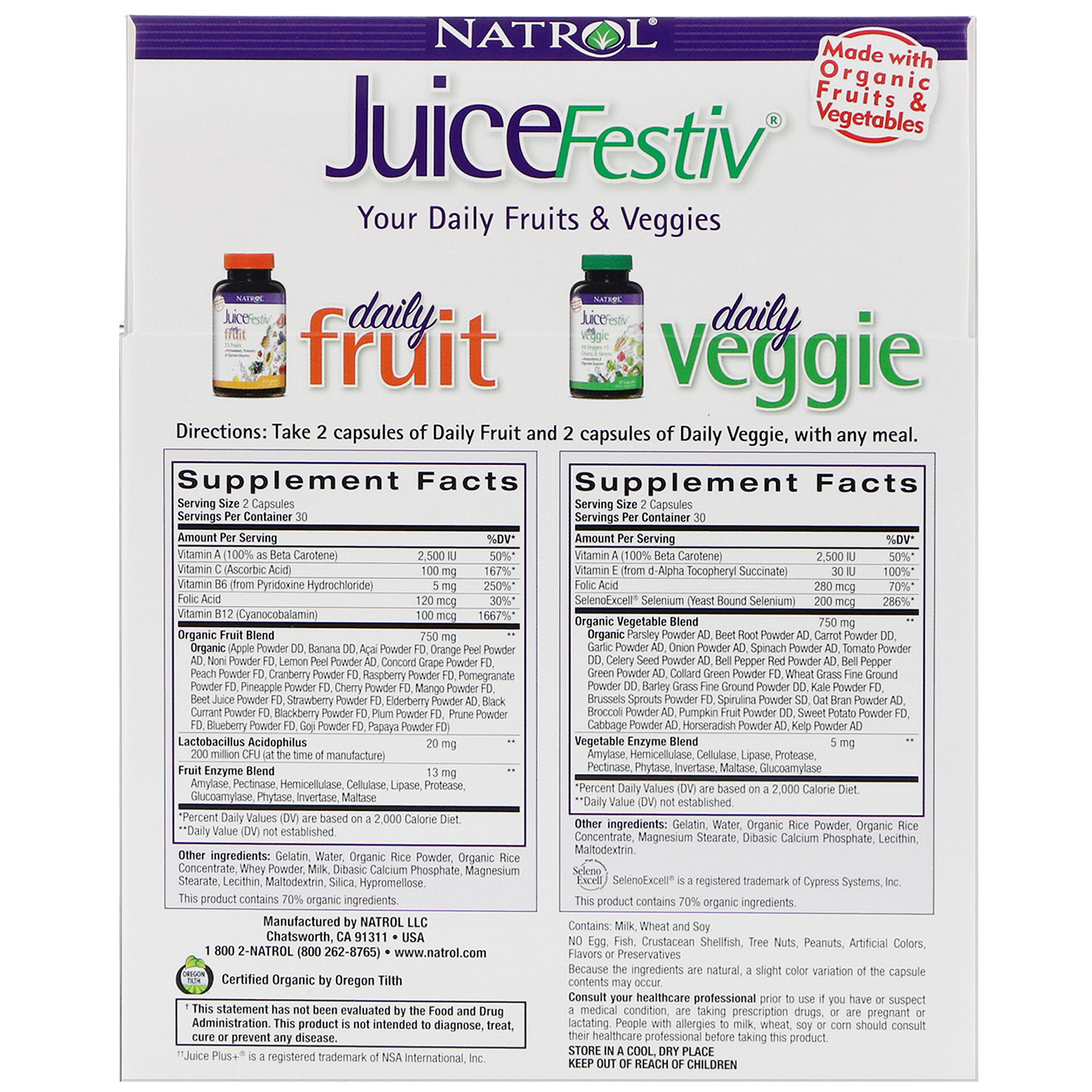 Natrol, JuiceFestiv, The Ultimate Fruit and Veggie Super Food, 2 Bottles, 120 Capsules