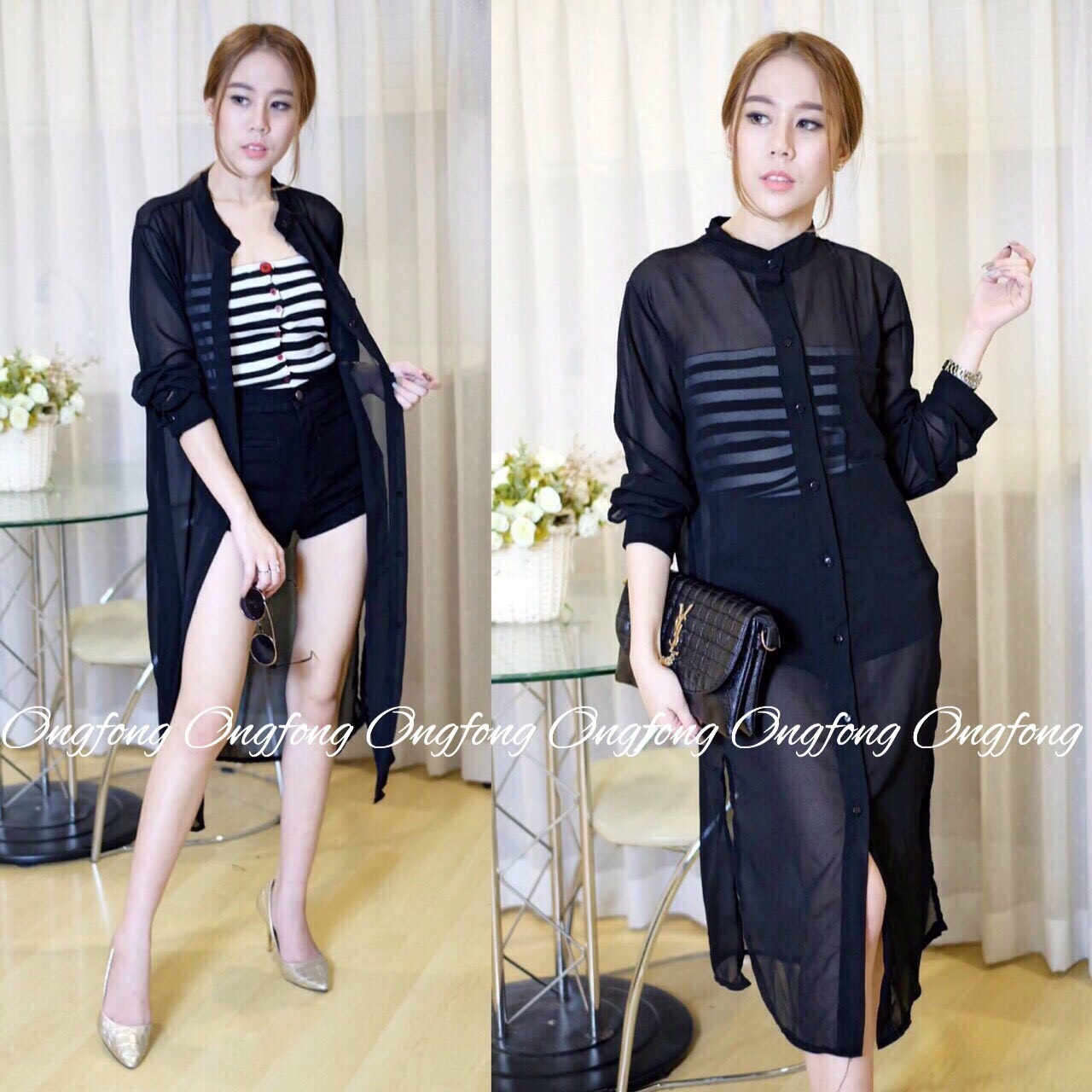 เสื้อคลุมยาว ผ้าชีฟอง แต่งกระดุม