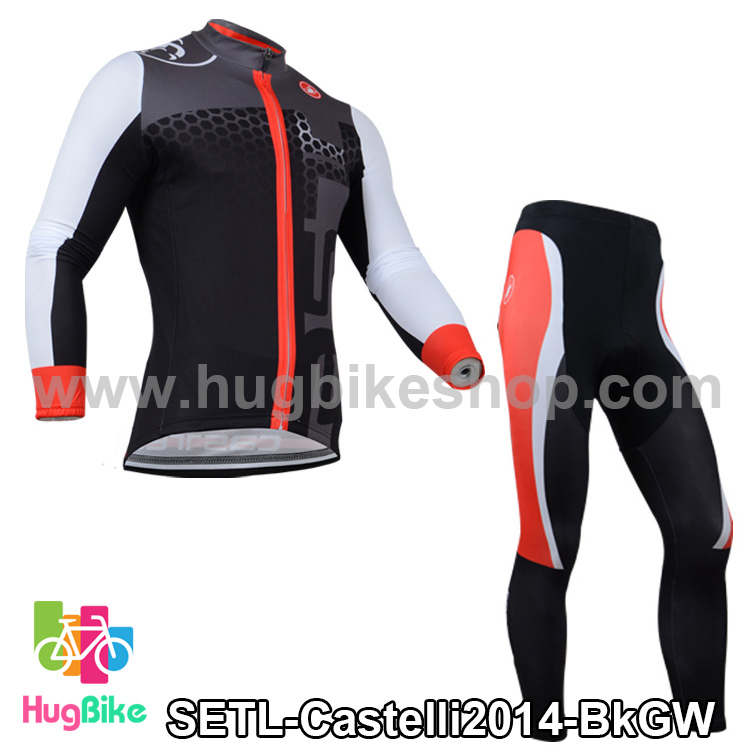 ชุดจักรยานแขนยาวทีม Castelli 14 สีดำเทาขาว กางเกงแถบแดง