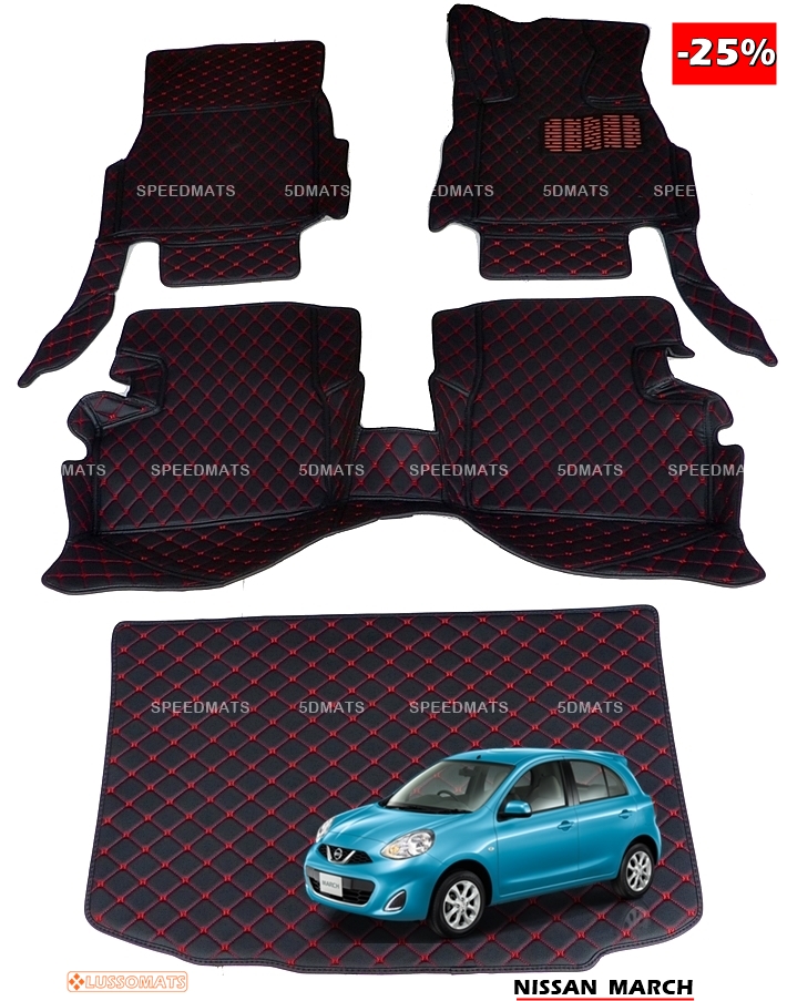 พรมปูพื้นรถยนต์6D NISSAN MARCH พรม6D สีดำด้ายแดง เต็มคัน 4ชิ้น + แผ่นปูท้าย
