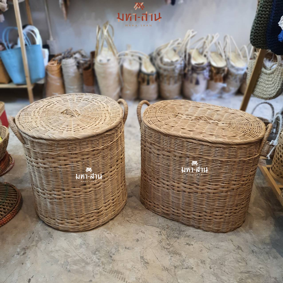 ตะกร้าหวายฝาปิด ตะกร้าใส่ผ้า ตะกร้ามินิมอล 🗑