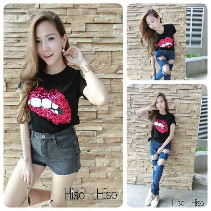 เสื้อปาก ผ้ายืดcottonเนื้อดี ปักรูป ปาก วิ้งๆ