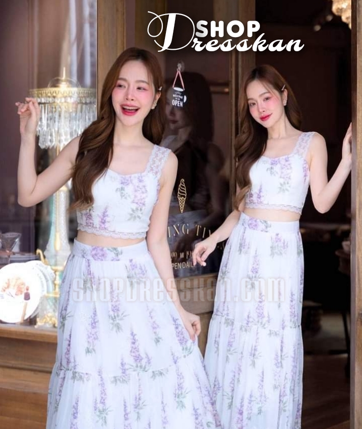 งานป้ายคุณภาพ⭐มีพร้อมส่ง [S-M-L-XL] :: เซ็ต 2 ชิ้น ผ้าฉลุลายดอกไม้เนื้อดี เสื้อครอปแขนกุด แมทเข้ากับกระโปรงยาวพริ้วสวย ซิปซ่อนหลัง บุซับในซับในอย่างดี