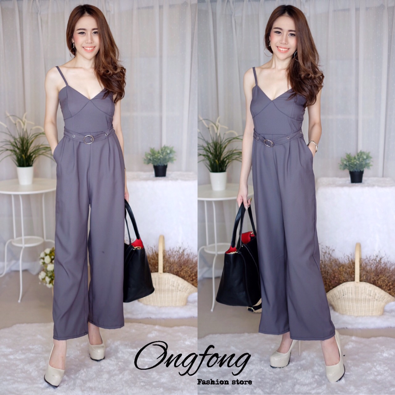 จั๊มสูทสายเดี่ยวขายาวสีพื้น