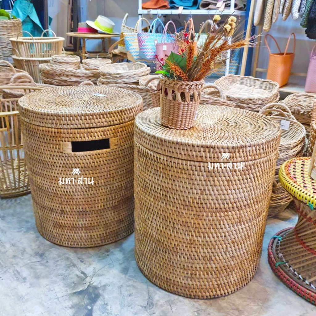 ตะกร้าผ้า เก็บของ กระถางต้นไม้ ถังฝาปิด พร็อพถ่ายรูป rattan tray🧺