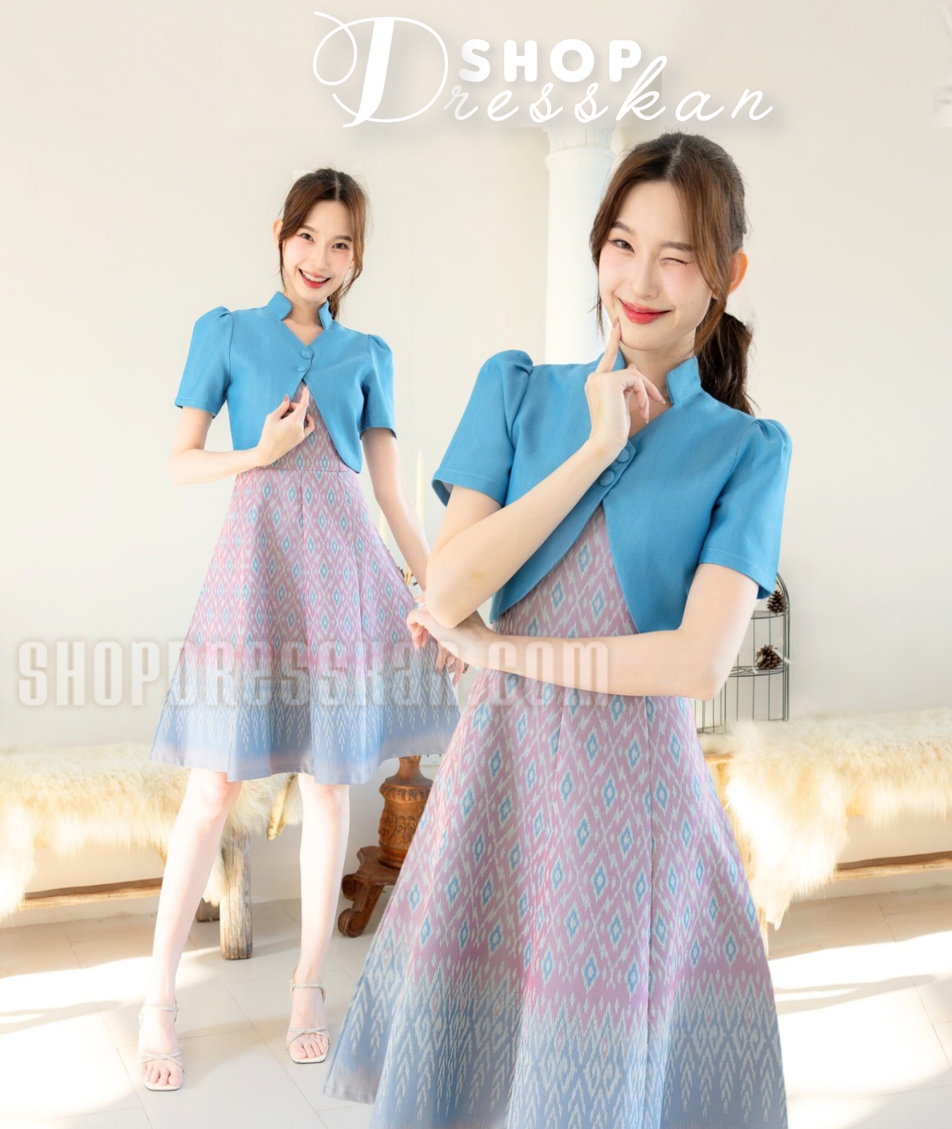 ❌หมดทุกสีทุกไซส์ค่ะ❌⭐ชุดเดรสผ้าไทยงานป้ายคุณภาพ [ S-M-L-XL-2XL] : ชุดเดรสผ้าลายไทย ตัดแต่งสไตล์กั๊ก กระโปรงทรงบานพริ้วสวย ซิปซ่อนหลัง ใส่ทำงาน ใส่ออกงานสวยๆ