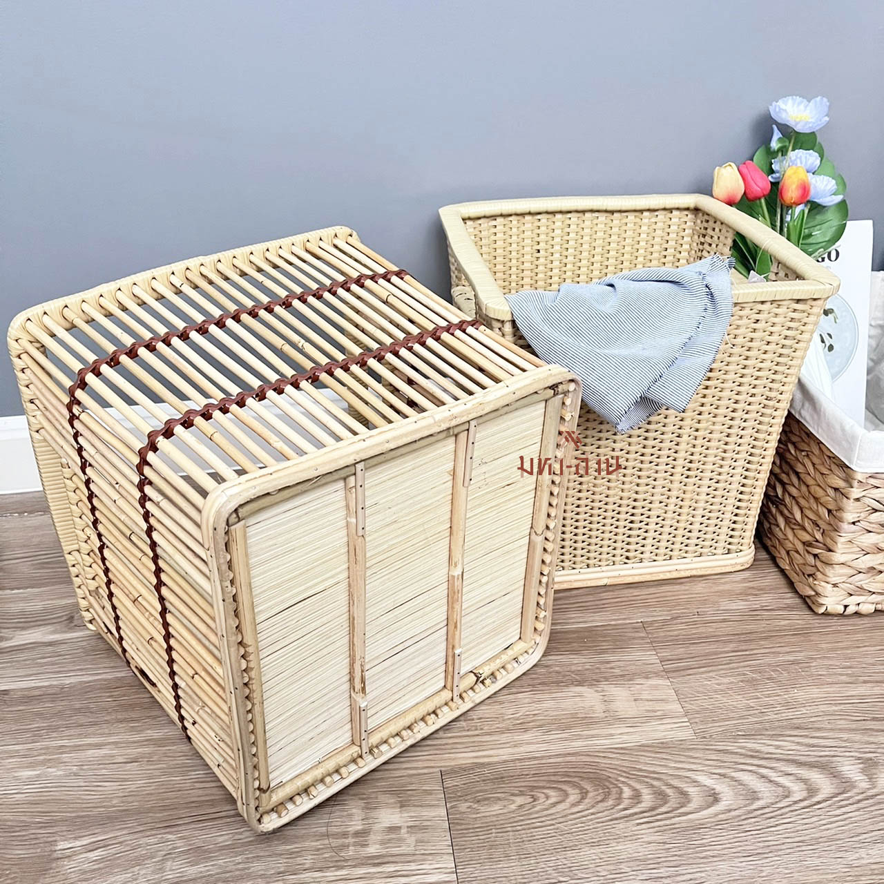 ตะกร้าหวาย ตะกร้าผ้าหูหิ้ว ตะกร้าสาน ตะกร้ามินิมอล🧺