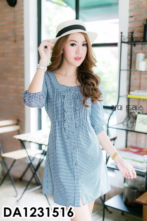 เดรสผ้าไหมอิตาลีทรงน่ารักลายสก็อต