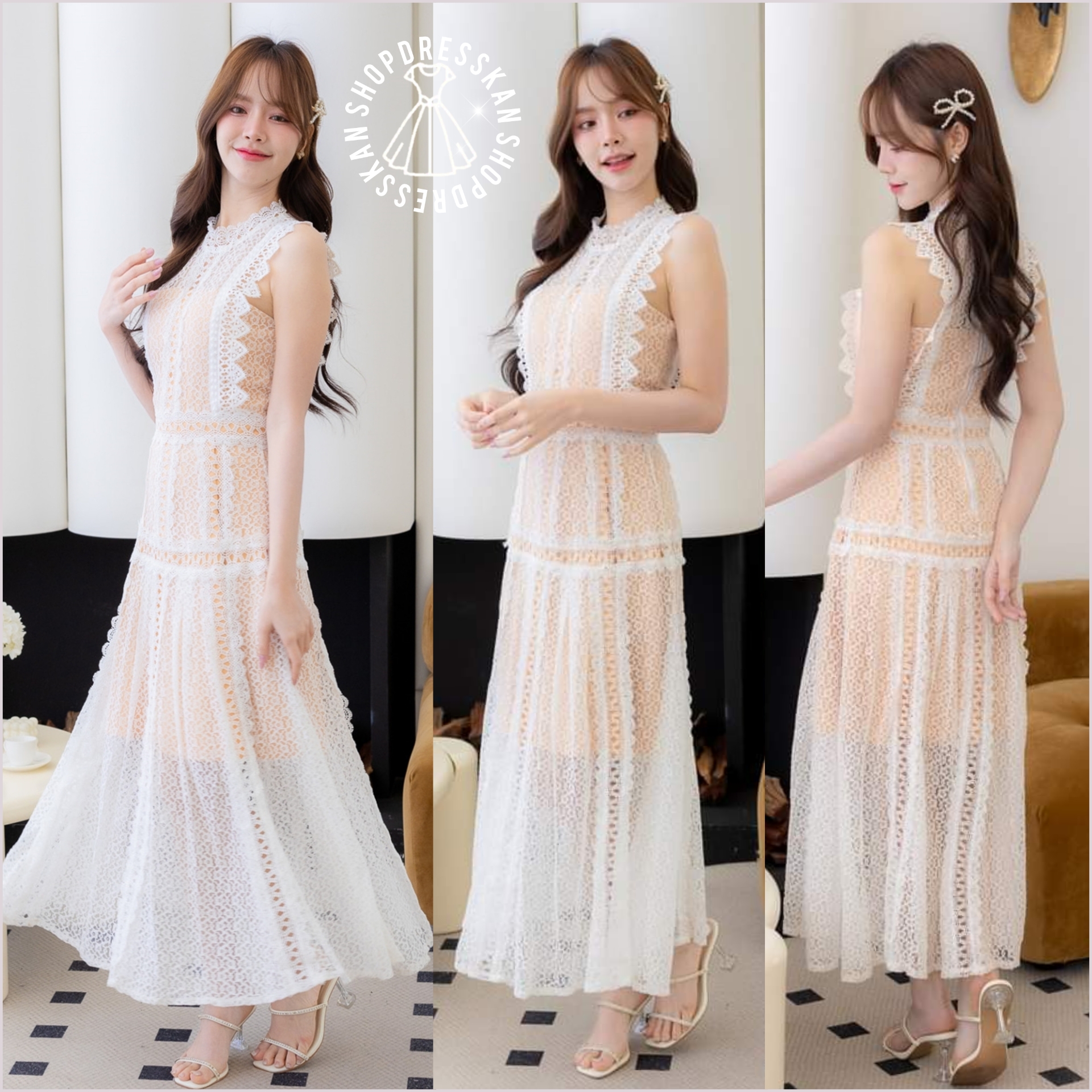 ❌หมดทุกไซส์ค่ะ❌ :: ชุดเดรสแฟชั่นยาวงานป้ายคุณภาพ⭐[ S-M-L-XL-2XL ] :: ชุดเดรสยาวผ้าลูกไม้ตาข่ายเกรดดี ดีเทลแต่งระบาย กระโปรงทรงบานพริ้วสวย ซิปซ่อนหลัง บุซับใน ใส่ออกงาน ใส่สวยได้หลายโอกาส