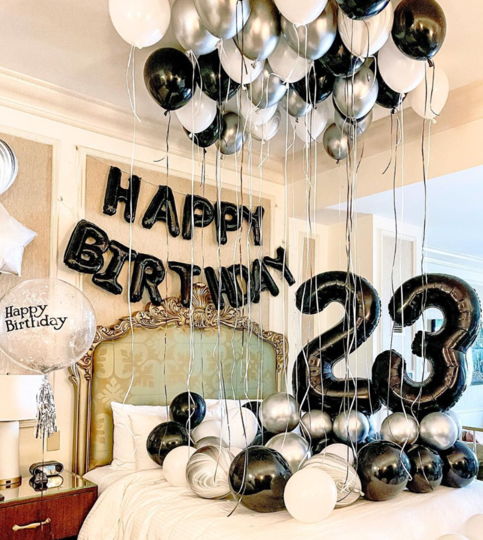 เซทลูกโป่งวันเกิดจัดในห้องนอน ลูกโป่งข้อความขนาด 24นิ้ว 1ใบ + ลูกโป่งฟอยล์ตัวอักษร + ลูกโป่งปล่อยลอย 20ใบ + ลูกโป่งวางพื้น 10ใบ + ฐานลูกโป่งตัวเลข 2ตัว