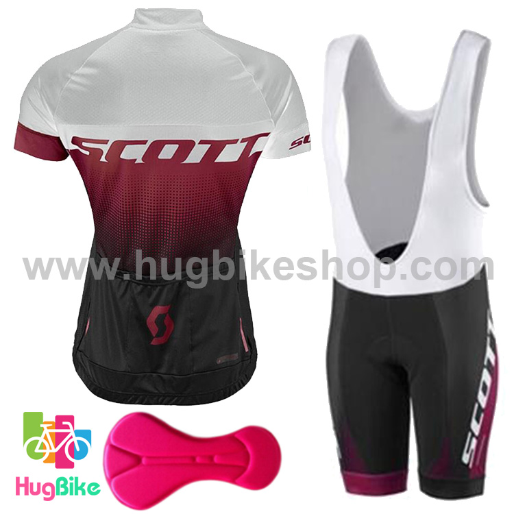 ชุดจักรยานผู้หญิงแขนสั้นขาสั้น Scott 17 (02) สีดำขาวลายแดง กางเกงเอี๊ยม