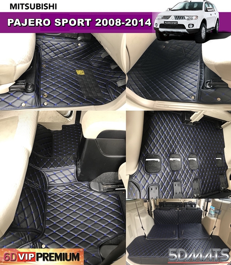 พรมปูพื้นรถยนต์ 6D หนาพิเศษ PAJERO SPORT 2008-2014 หนังสีดำด้ายน้ำเงิน 9ชิ้น เต็มคัน