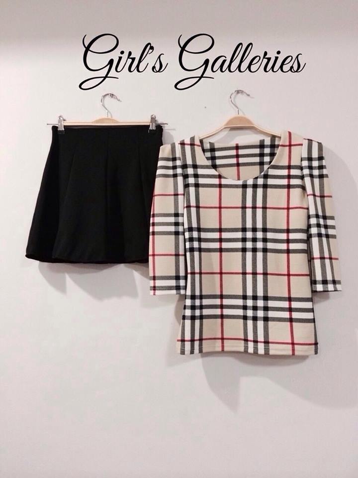 Set เสื้อลายburberry+กระโปรงสีพื้น