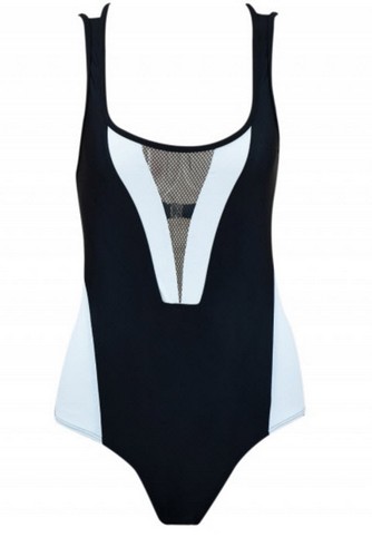 ชุดว่ายน้ำ one piece โทนดำขาวแต่งซีทรู