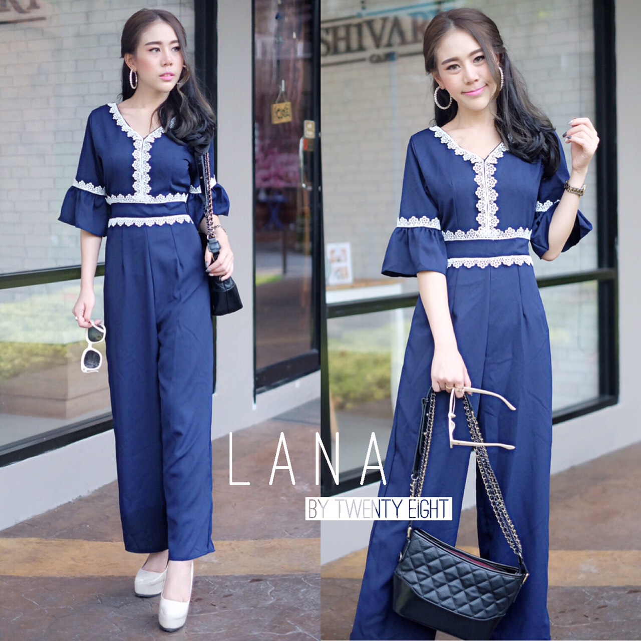 จั๊มสูทขายาว แต่งระบายลูกไม้