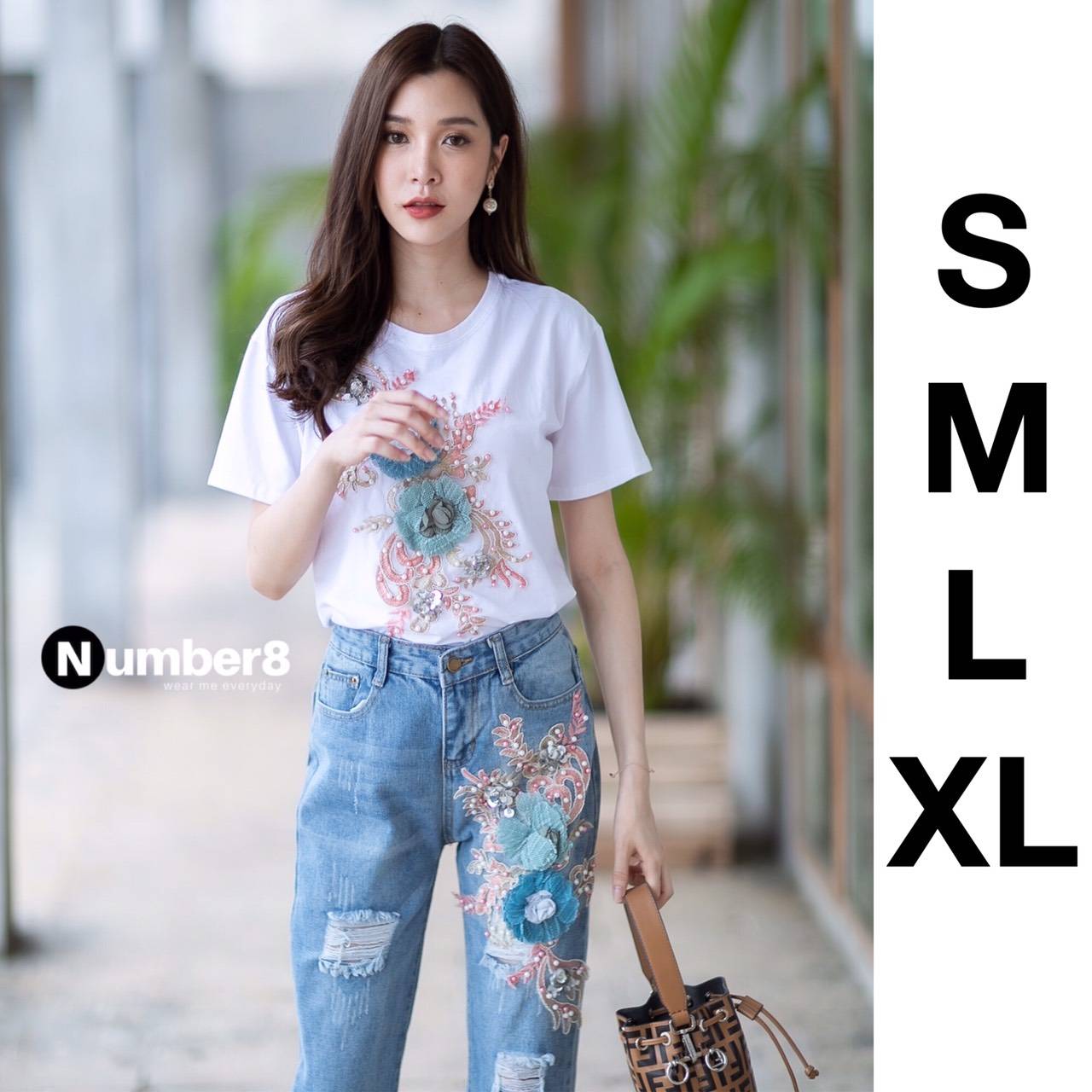 set เสื้อกับกางเกง ปักลายดอกไม้