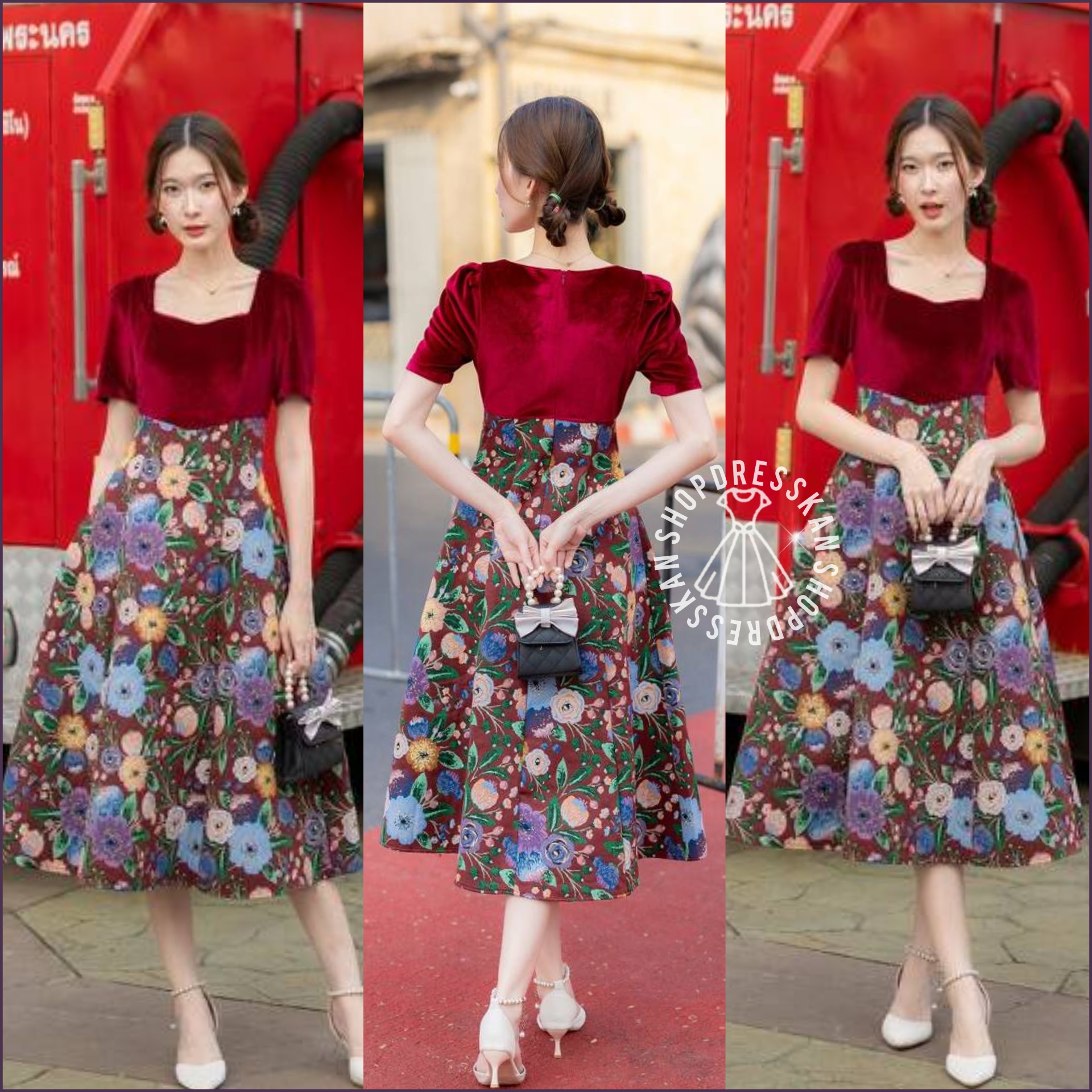 ✔️มีพร้อมส่ง :: ชุดเดรสแฟชั่นยาวงานป้ายคุณภาพ⭐[ S-M-L-XL] :: ชุดเดรสยาวเสื้อสีพื้น ตัดต่อกระโปรงลายดอกทรงบานพริ้วสวย ซิปซ่อนหลัง บุซับใน ผ้าเนื้อเกรดดี สวมใส่สบาย ใส่สวยได้หลายโอกาส