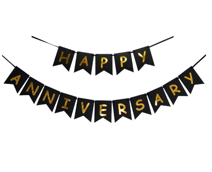 ป้ายธงแบนเนอร์ Happy Anniversary สีดำ