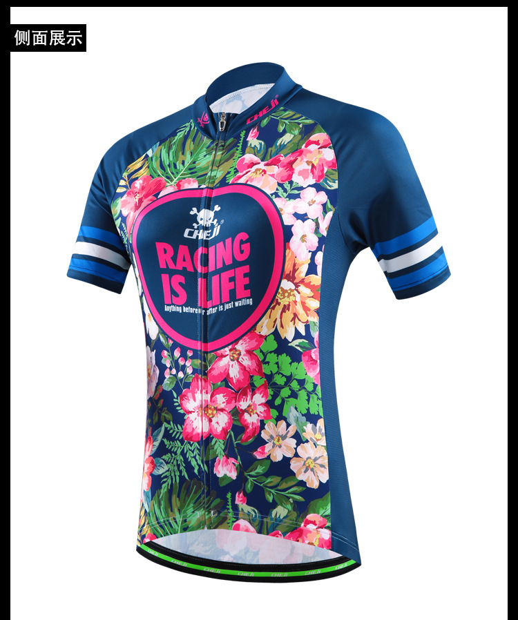 ชุดจักรยานผู้หญิงแขนสั้นขาสั้น CheJi 16 (01) สีน้าเงิน ลายดอกไม้ Recing is life