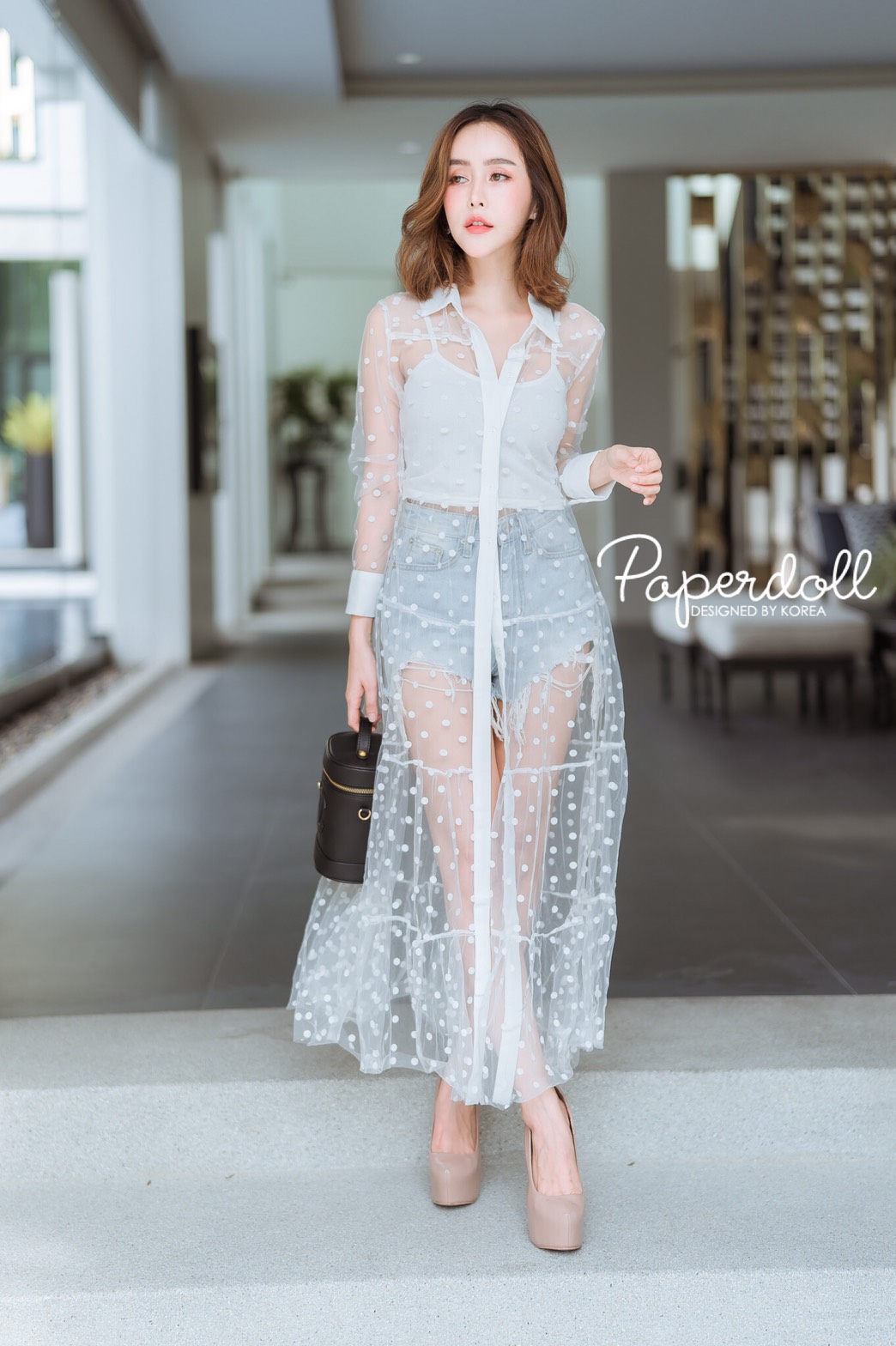 เดรสยาวซีทรูลายจุด