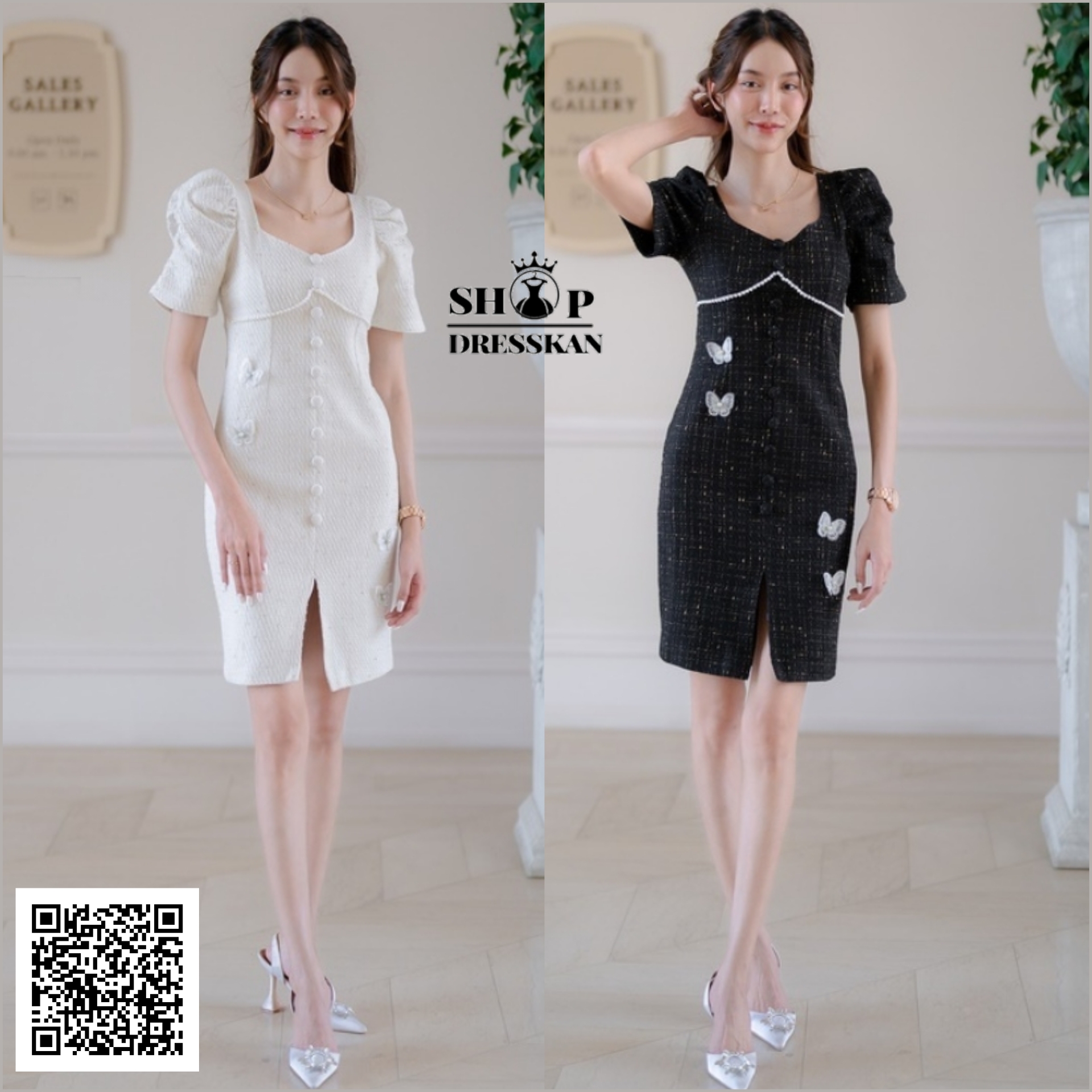 ❌หมดทุกสีทุกไซส์ค่ะ❌ชุดเดรสงานป้ายคุณภาพ⭐[ S-M-L-XL] :: ชุดเดรสผ้าซาแนลเกรดดี คอเหลี่ยม ดีเทลแต่งมุกและผีเสื้อ ทรงสวย ซิปซ่อนหลัง บุซับใน ใส่ออกงาน ใส่สวยได้หลายโอกาส