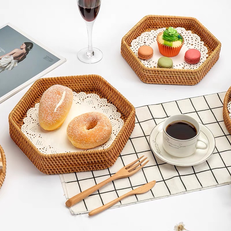 ถาดหวาย ถาดสปา ถาดอาหาร ทรง6เหลี่ยม พร็อพถ่ายรูป Rattanly Tray🏈