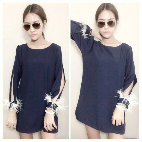 เดรสผ่าแขนแต่งขนนก