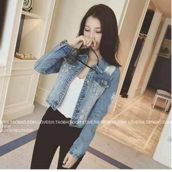 KK แจ็คเก็ตยีนส์สตรีแขนยาว ผ้ายีนส์ เสื้อแจ็คเก็ตผู้หญิง แต่งขาด รุ่น 8030