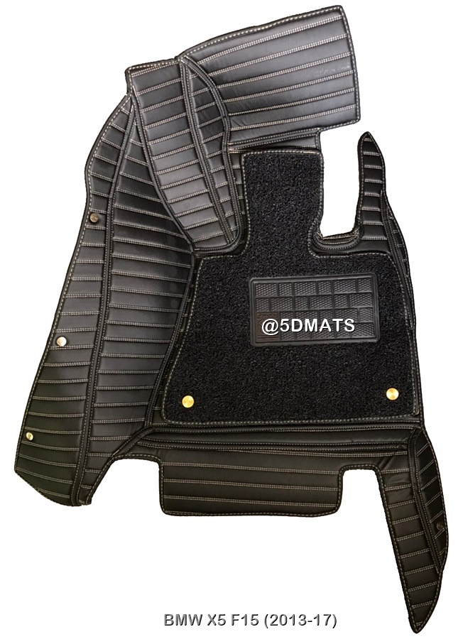 พรมปูพื้นรถยนต์5D BMW X5 F15 (ปี2013-17) พรม5D PLUS+ สีดำด้ายครีม ลายตรง เสริมพรมดักฝุ่น รวมแผ่นท้าย ปิดเบาะ เต็มคัน