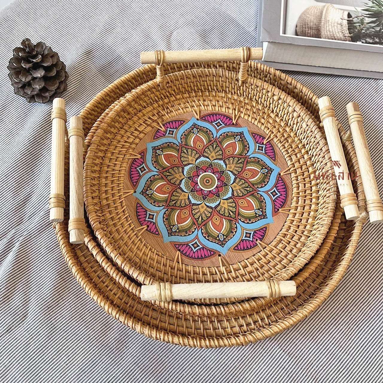 ถาดหวาย ถาดใส่อาหาร พร็อพถ่ายรูป เพ้นท์ลาย🎨