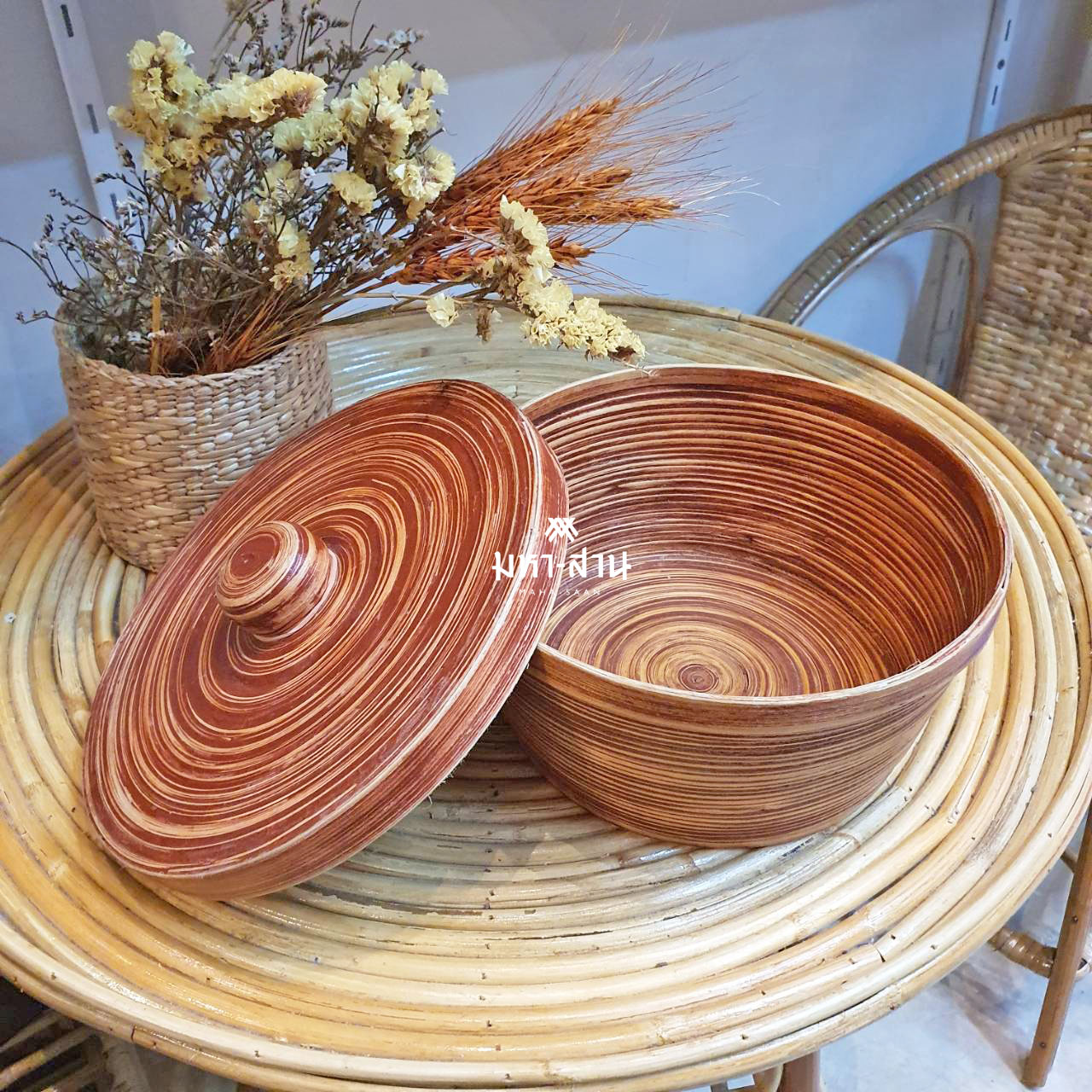 ถ้วยกลม ไผ่สาน แบบขด ฝาปิด แต่งที่พัก 🌾