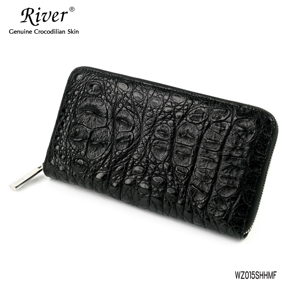 กระเป๋าสตางค์หนังจระเข้แท้ ส่วนโหนก สีดำ ซิปเดี่ยว