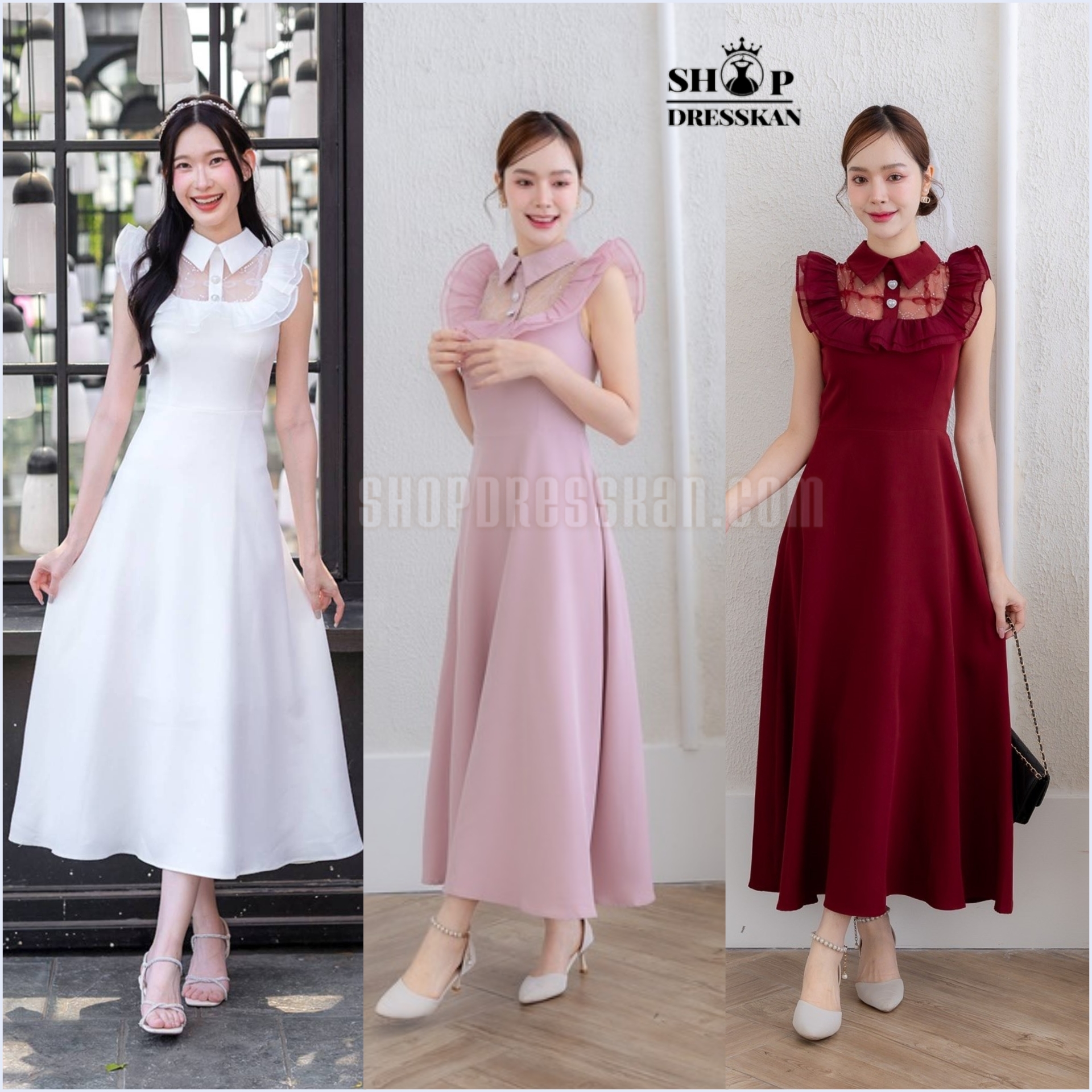 ✔️มีพร้อมส่ง : ชุดเดรสแฟชั่นยาวงานป้ายคุณภาพ⭐[ S-M-L-XL-2XL ] :: ชุดเดรสยาวผ้าสีพื้น คอปก แต่งระบายอก กระโปรงทรงยาวพริ้วสวย ซิปซ่อนหลัง บุซับใน เนื้อผ้าดีสวมใส่สบาย ใส่ออกงาน ใส่สวยได้หลายโอกาส