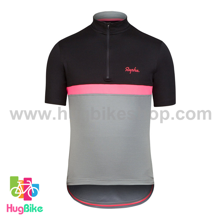 เสื้อจักรยานแขนสั้นทีม Rapha 16 (06) สีดำเทาหน้าอกแถบชมพู (ซิปถึงหน้าอก)