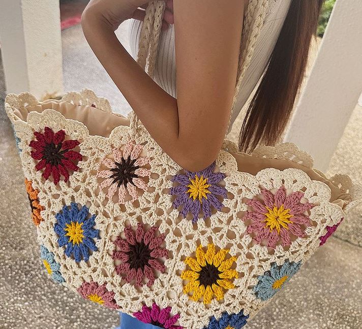 กระเป๋าถักเชือกฟอก ลายดอกไม้ สะพายไหล่ สไตล์มินิมอล พร้อมส่ง 🌻 Crochet Sunflower Bag