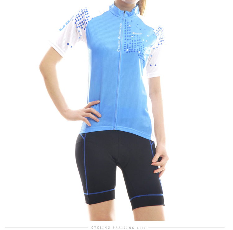 ชุดจักรยานผู้หญิงแขนสั้นขาสั้น CheJi 14 (01) สีฟ้าขาว