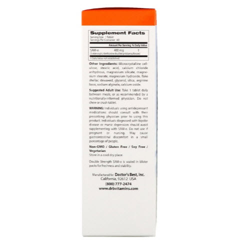 Doctor's Best, SAM-e (S-Adenosyl Methionine), Double Strength, 400 mg, 60 Enteric Coated Tablets