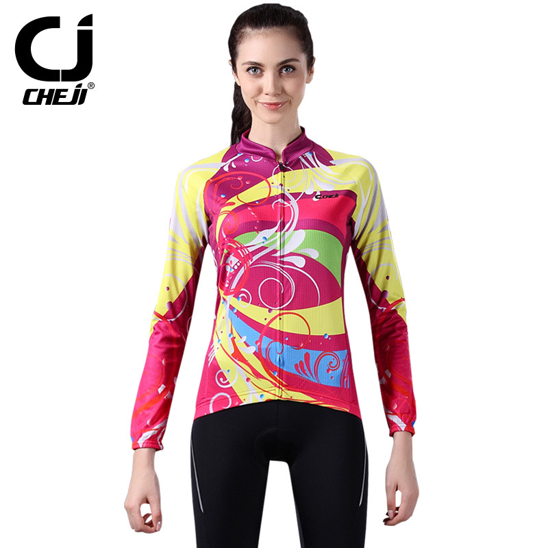 ชุดจักรยานผู้หญิงแขนยาวขายาว CheJi 15 (06) สีชมพูลายเหลือง