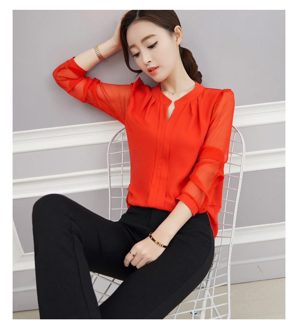 เสื้อเชิ้ตผ้าชีฟอง คอวี แขนยาว สไตล์สาวเกาหลี
