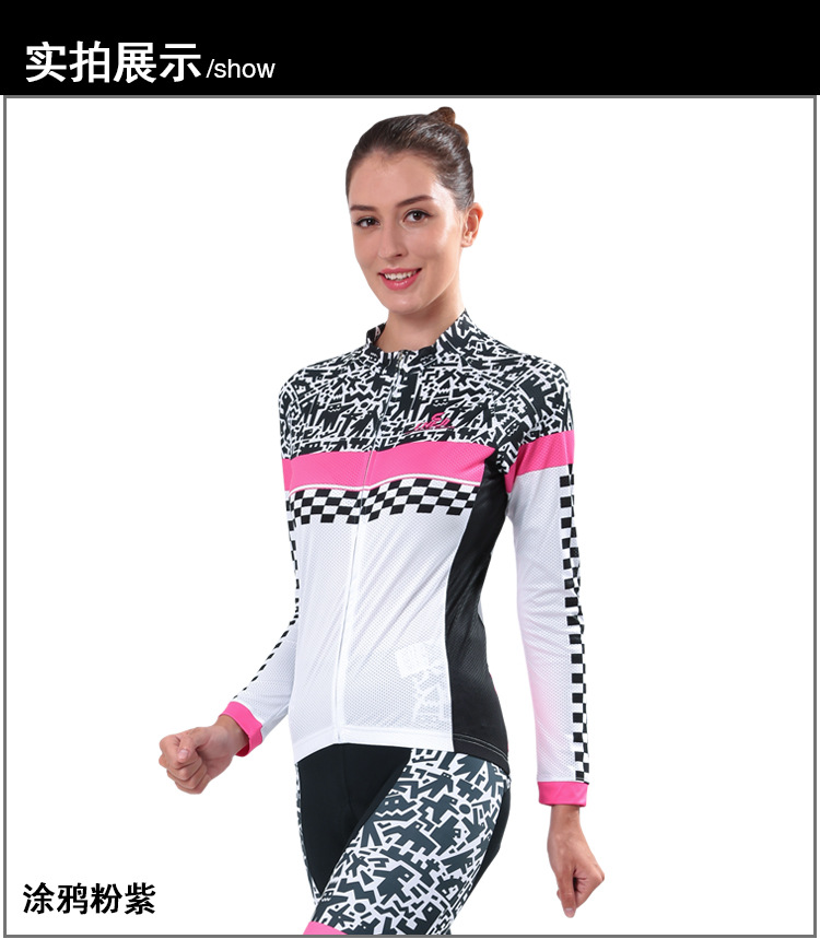 ชุดจักรยานผู้หญิงแขนยาวขายาว CheJi 15 (02) สีขาวลายดำชมพู