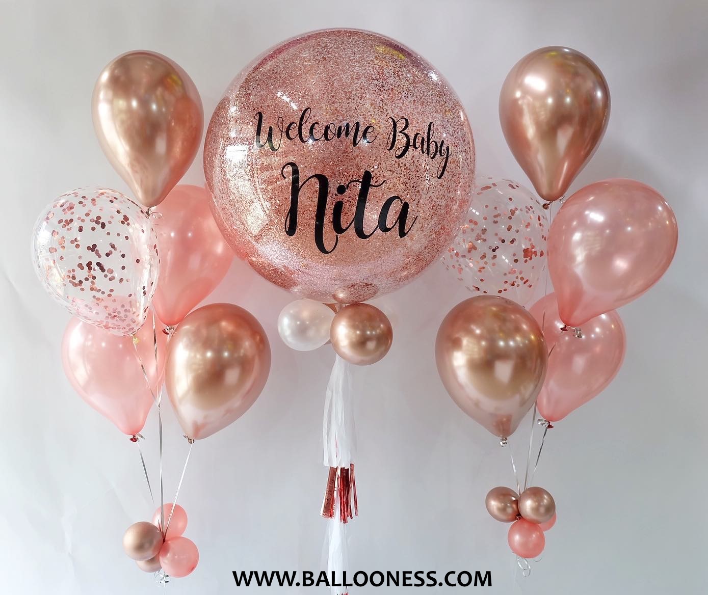 เซ็ตลูกโป่งต้อนรับเด็กแรกเกิดกลิเตอร์โรสโกล ขนาด 36 นิ้ว+2ช่อเล็ก / Set Welcome Baby Glitter Rose Gold 36-inch+2bunch