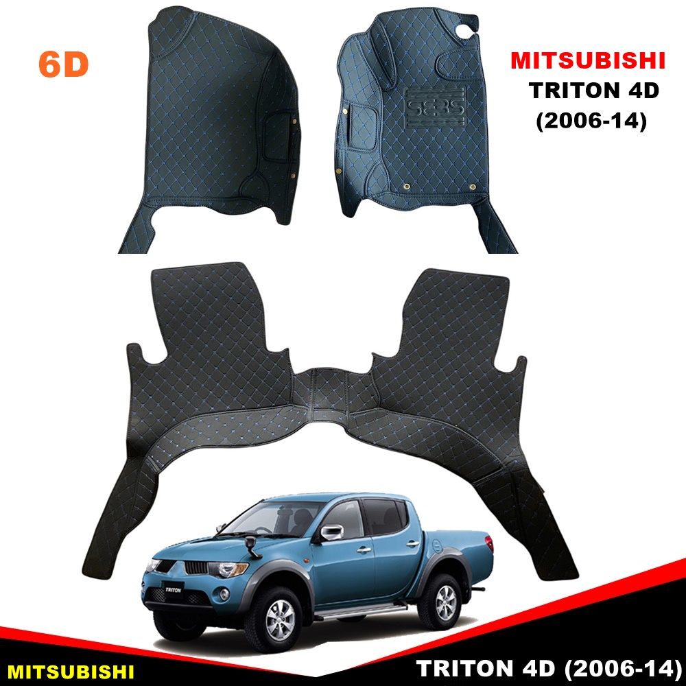 พรมปูพื้นรถยนต์ 6D MITSUBISHI TRITON 4D ปี2006-14 พรม6D ไตรตัน 4ประตู สีดำด้ายฟ้า เข้ารูป เต็มคัน 3ชิ้น