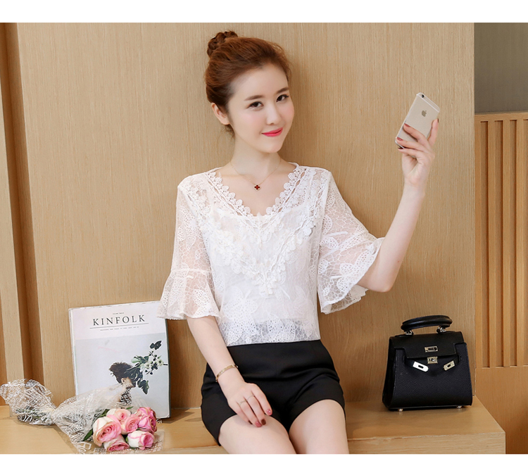 เสื้อเกาหลีเสื้อลูกไม้ชีฟองหญิงแขนสั้น (สีเหลือง)