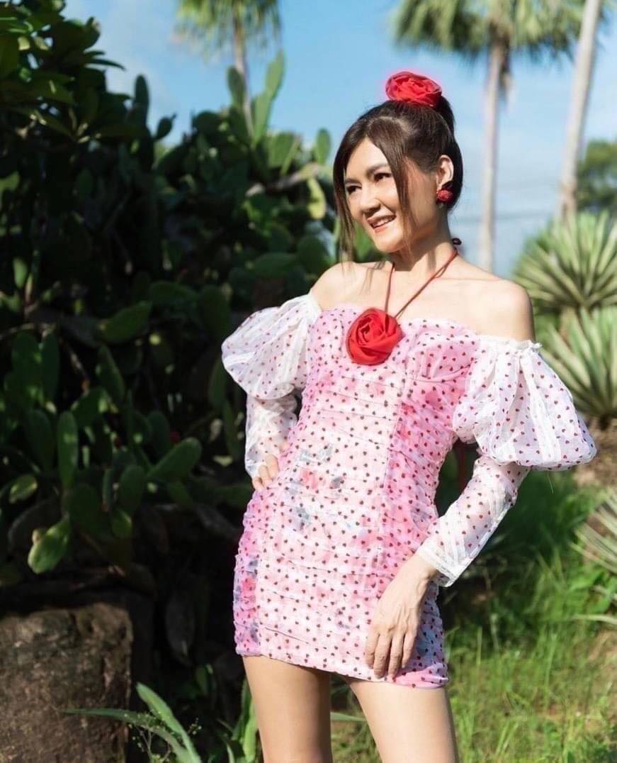 Dress เนื้อผ้าแก้วพิมพ์ลายนูนลายหัวใจ แขนยาวพอง ใส่ฟองน้ำในตัว แต่งดอกไม้ด้านหน้าอก สายคล้องคอ ช่วงตัวเย็บจับจีบย่นรอบตัว เนื้อผ้าด้านในหนาพิมพ์ลาย มีซับในและซิปหลัง
