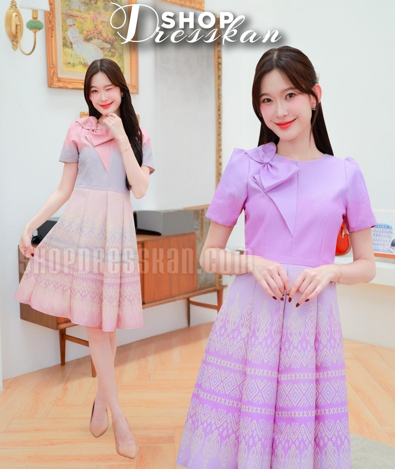 ❌หมดทุกสีทุกไซส์ค่ะ❌ ⭐ชุดเดรสผ้าไทยงานป้ายคุณภาพ [ S-M-L-XL-2XL] :: ชุดเดรสผ้าไทย ดีเทลโบว์ไหล่ กระโปรงจีบทวิส ซิปซ่อนหลัง ผ้าเนื้อดีสวมใส่สบาย ใส่ทำงาน ใส่ออกงานสวยๆ