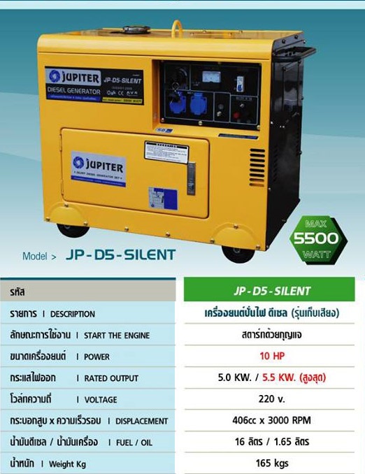 เครื่องยนต์ปั่นไฟดีเซล JUPITER รุ่น JP-D5-SILENT