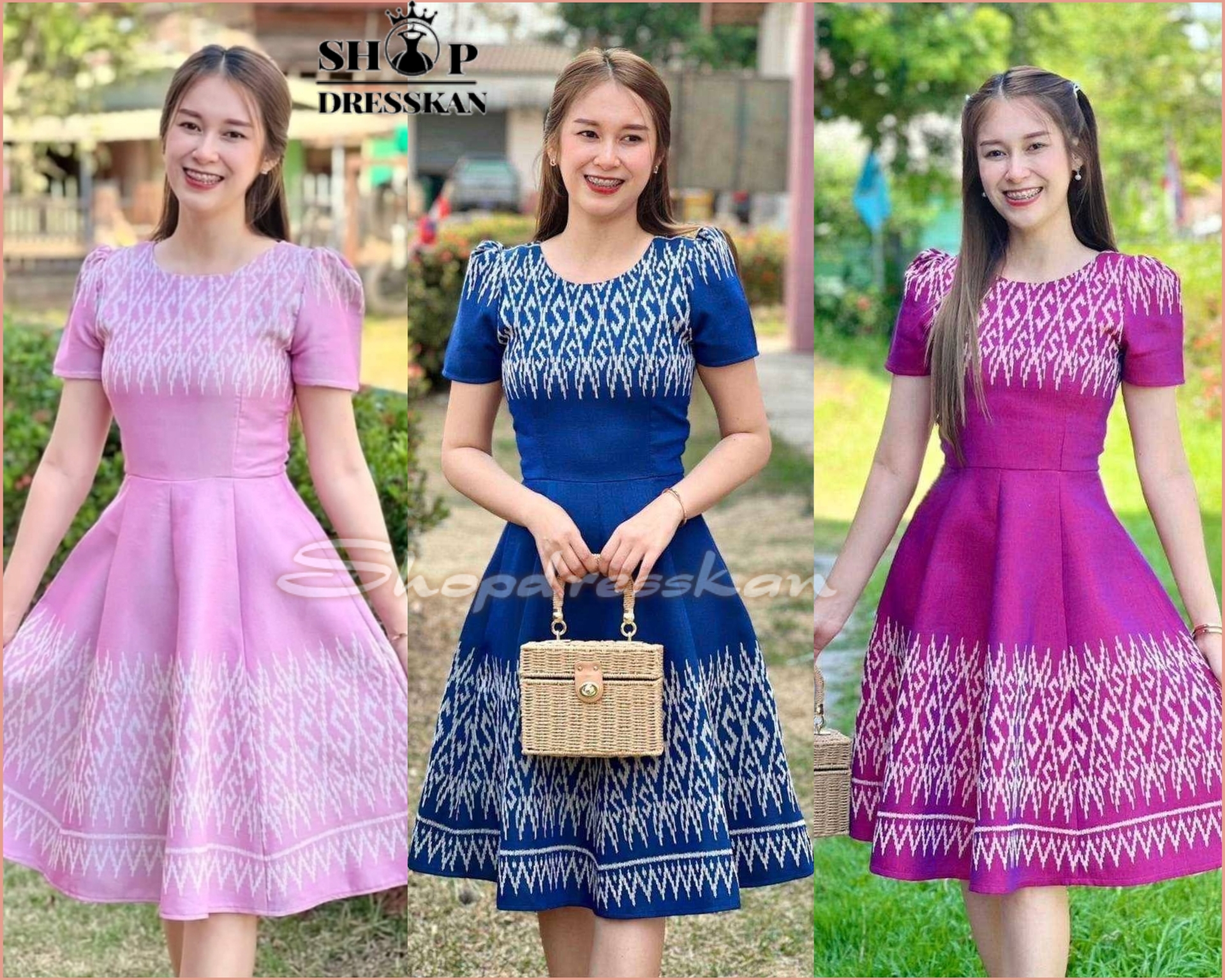 ❌หมดทุกสีทุกไซส์ค่ะ❌: [ S-M-L-XL-2XL ] :: ชุดเดรสผ้าไหมแกมฝ้ายทอลายไทยมัดหมี่ คอกลม กระโปรง8ชิ้นทรงย้วยพริ้วสวย ซิปซ่อนหลัง งานอัดกาวทั้งชุด ใส่ทำงาน ใส่ออกงานสวยๆ