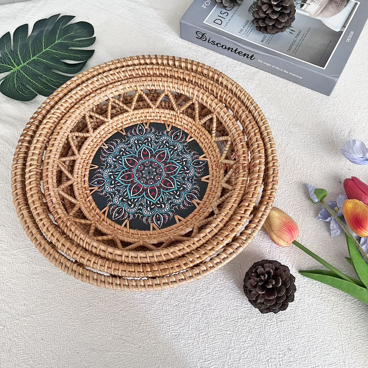 จานหวายสาน จานเพ้นท์ จานวินเทจ ถาดใส่อาหาร ทรงกลม พร็อพถ่ายรูป Rattan Tray🎨