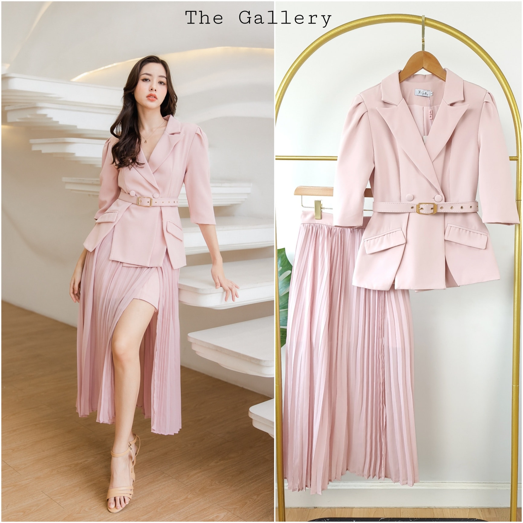 ชุดเซ็ตเสื้อสูทและกระโปรงอัดพลีตพร้อมเข็มขัดในตัว จะออกงานหรือจะแมตซ์ชุดไปทำงาน /ไปเที่ยวต่างประเทศก็ครีเอตลุคสวย