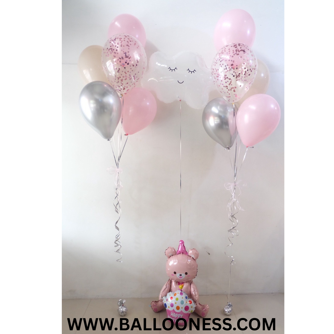 เซทช่อลูกโป่งเด็กแรกเกิด 5ลูก 2ช่อ + ลูกโป่งฟอยล์ก้อนเมฆ 1อัน + ลูกโป่งฟอยล์หมีนั่ง 1ตัว โทนสีชมพู